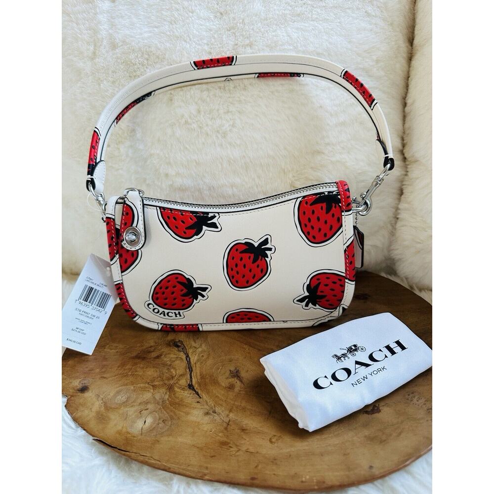 NWT Coach 1941 Strawberry Print Mini Leather Swinger 20 LH/Chalk Shoulder Bag